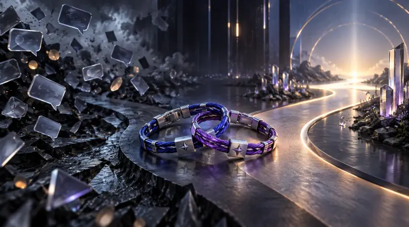Abstract friendship bracelets and divided social-media reaction lights representing ATEEZ San and Wooyoung's dating-rumor clarification