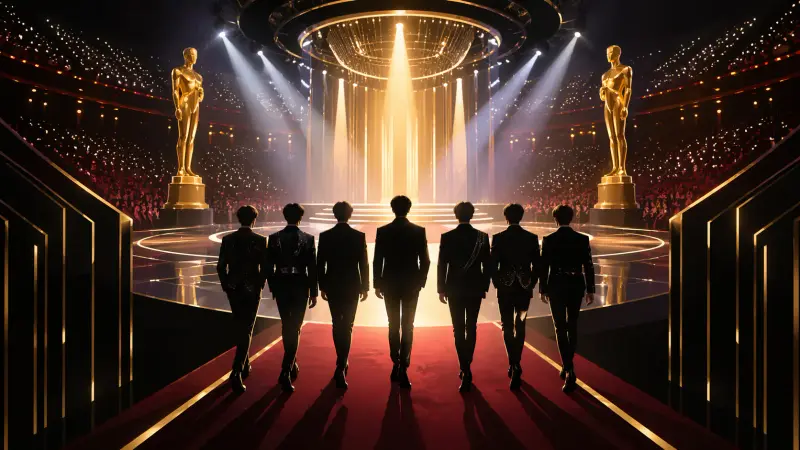 Global award-stage silhouettes symbolizing BTS's Artist of the Year nomination at the AMAs