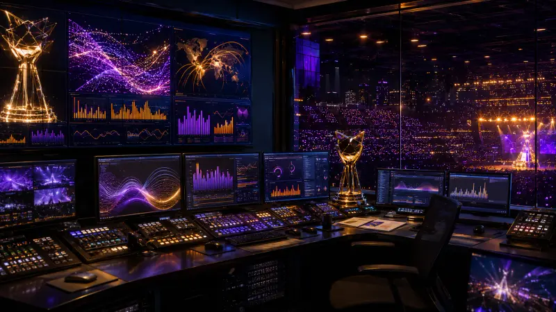 BTS AMAs 2026 fan-vote control room with trophy and global signals