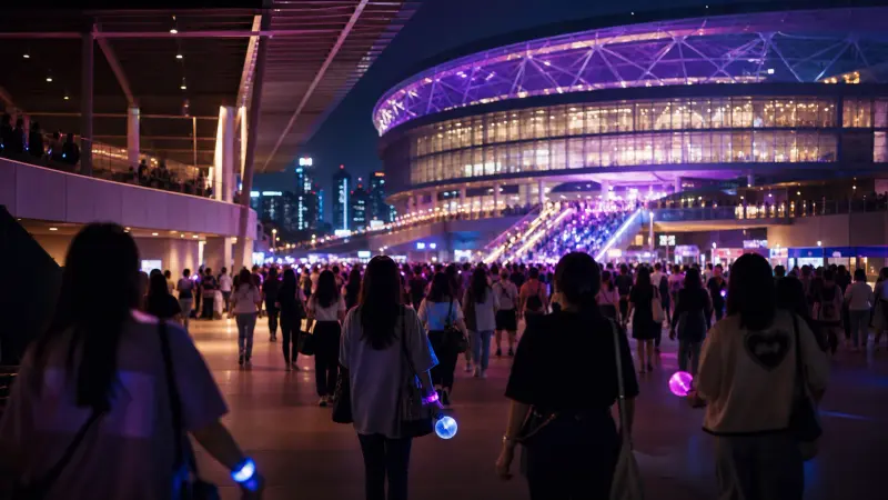 BTS stadium tour atmosphere outside a packed stadium at blue hour