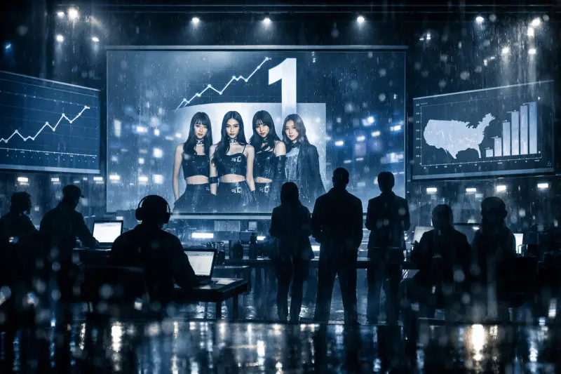 An editorial chart room visualizing BTS holding No. 1 on Billboard 200 for a second week