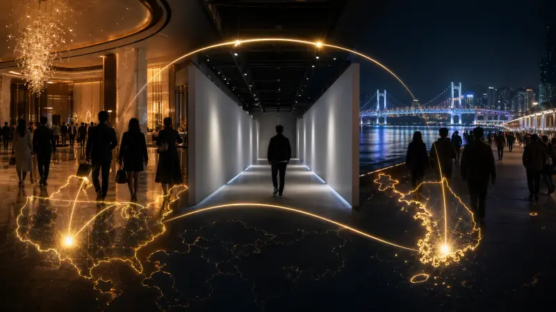 BTS THE CITY expansion across Las Vegas and Busan visualized as a glowing destination-city network