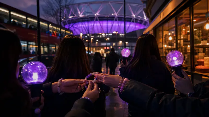 BTS London concert fans sharing bracelets near a stadium and local cafe