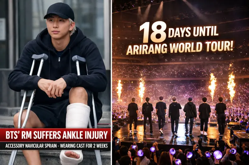RM performing seated at the Gwanghwamun concert while wearing an ankle cast, with six BTS members in full choreography around him