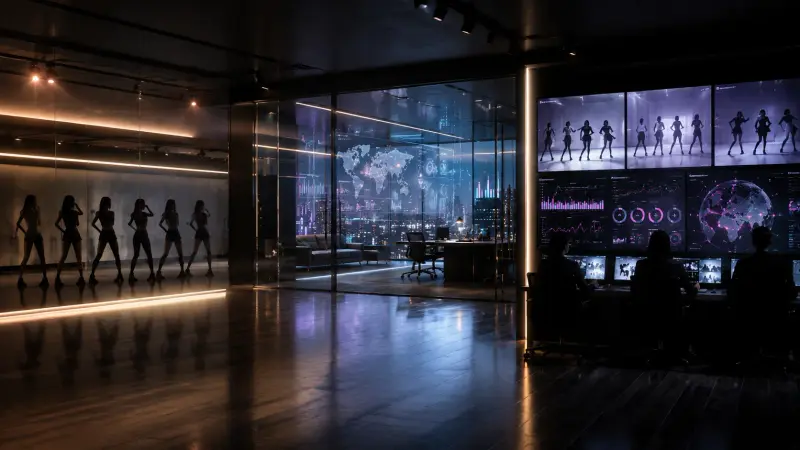 HYBE ABD girl group label launch visualized as a futuristic K-pop corporate command room