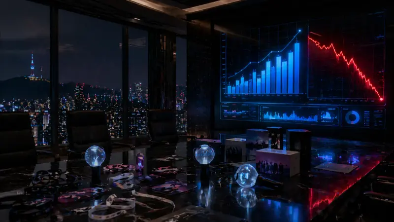 HYBE Q1 2026 earnings scene with glowing blue revenue boards and a red loss line