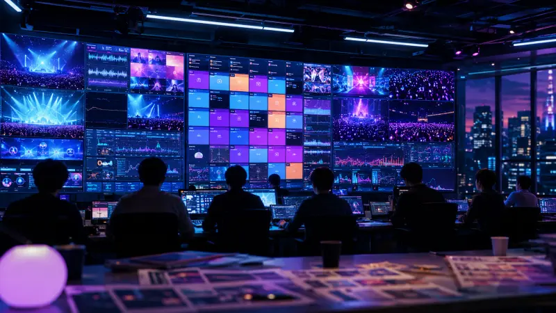 June K-pop comeback lineup analytics room with concert dashboards
