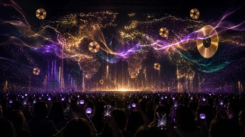 Jungkook Seven 3B Spotify milestone represented by anonymous global fandom lights and streaming waves