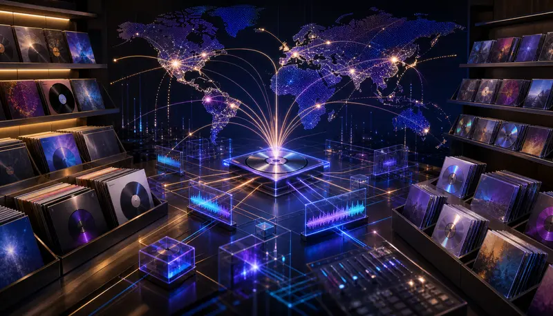 Abstract chart momentum represented by five luminous record displays and a rising global light path