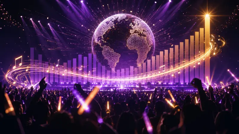 KPop Demon Hunters 52 weeks milestone shown through anonymous global fandom lights and rising streaming waves