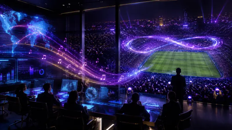 K-pop World Cup soundtrack strategy room overlooking a football stadium with global fandom data