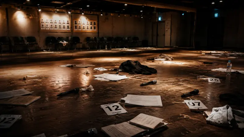 The Scout Stars Reborn K-pop audition studio with anonymous candidates and mentor silhouettes